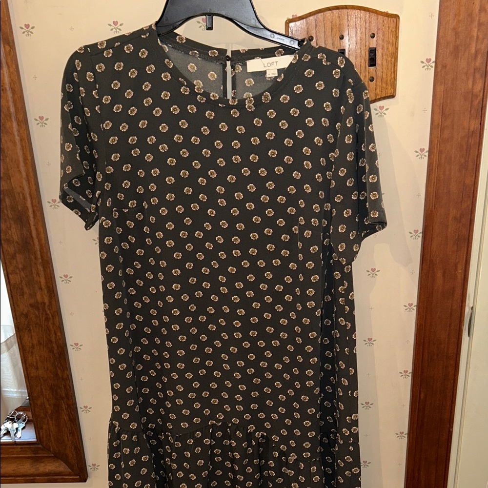 LOFT Olive Midi Dress with Tan Floral Print